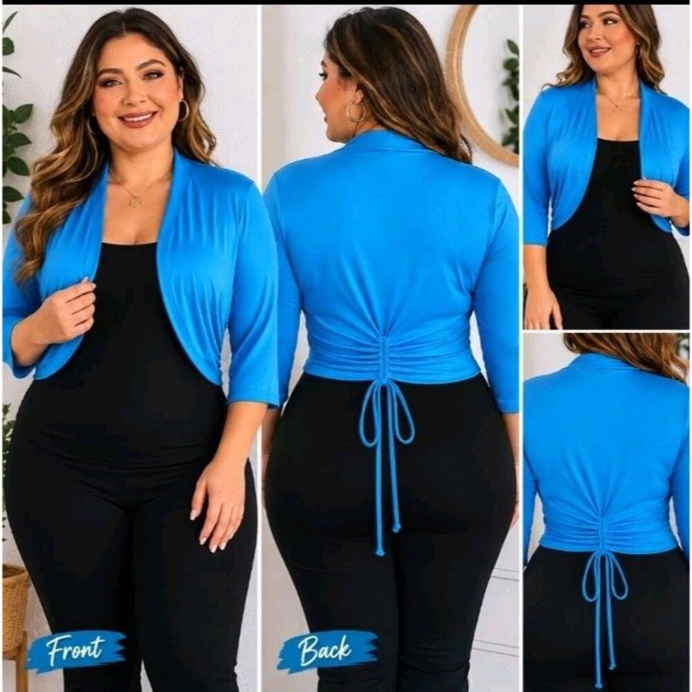 NWT ANTTHONY ORIGINALS (HSN) Womens 1X Bolero Shrug Stretch Back Detail Blue Top